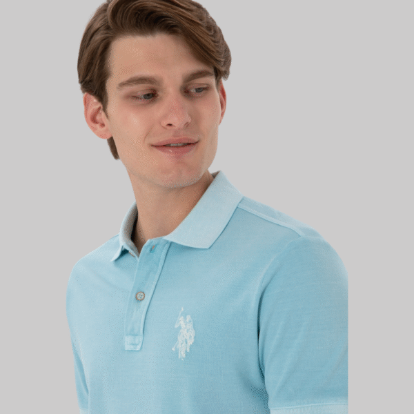 Men's Slim Fit Polo Collar Light Blue Washed Basic T-Shirt