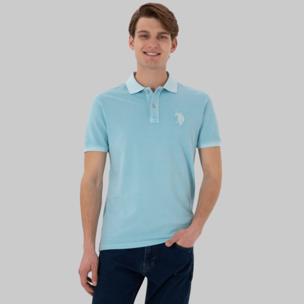 Men's Slim Fit Polo Collar Light Blue Washed Basic T-Shirt