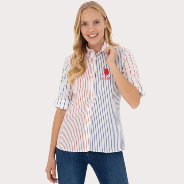 Women's polo Red Long Sleeve Striped Shirt