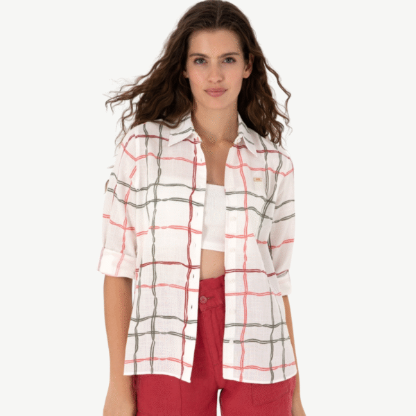 Women's White Shirt With Red And Green Stripes