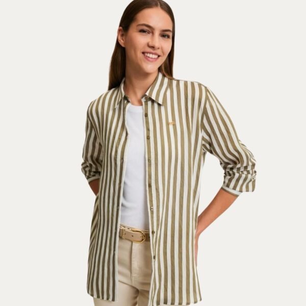 Women's Khaki Long-Sleeve Striped Shirt